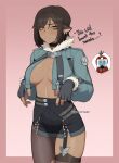  1girl 1other animal_ears black_gloves black_shorts blue_jacket breasts brown_pantyhose brown_thighhighs clock cosplay cropped_jacket dante_(limbus_company) ear_piercing fingerless_gloves fire gloves hands_up highres jacket jane_doe_(zenless_zone_zero) jane_doe_(zenless_zone_zero)_(cosplay) k3nnyn3v large_breasts limbus_company looking_at_viewer meme mouse_ears no_shirt object_head outis_(project_moon) pantyhose piercing pink_background project_moon shorts simple_background single_leg_pantyhose single_thighhigh thighhighs uohhhhhhhhh!_(meme) zenless_zone_zero 
