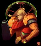  1girl arm_cannon armor blonde_hair blue_eyes closed_mouth helmet highres holding holding_helmet long_hair looking_at_viewer max58art metroid mole mole_under_mouth pauldrons ponytail samus_aran shoulder_armor solo weapon 