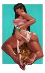  1girl absurdres ass back bangs bare_arms bare_legs bare_shoulders barefoot black_hair border bracelet breasts brown_eyes brown_lips chel_(the_road_to_el_dorado) closed_mouth clothes_lift coin dark-skinned_female dark_skin earrings fingernails full_body gold highres jewelry kneeling leaning_forward lifted_by_self light_smile lips loincloth long_hair looking_at_viewer looking_back median_furrow monori_rogue outside_border shiny shiny_skin strapless the_road_to_el_dorado toenails toes tube_top twisted_torso very_long_hair white_border 