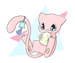  3_fingers 3_toes ambiguous_gender blue_background blue_eyes chaba content egg feet feral fingers holding_object legendary_pokemon looking_at_object looking_down mew monotone_body nintendo pink_body pokemon pokemon_(species) red_background simple_background solo talisman toes video_games white_background 