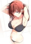  1girl armpits arms_up black_bra black_panties bra breasts cleavage highres higuchi_madoka idolmaster idolmaster_shiny_colors mole mole_under_eye navel panties photoshop_(medium) red_eyes saruanu solo string_panties sweatdrop underwear undressing wet wet_hair 