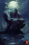  1boy creature dc_comics full_moon glowing glowing_eyes highres max58art moon night original outdoors skull solo squatting swamp_thing wetland 