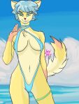  anthro beach big_breasts blue_hair breasts canid canine clothing female fox fur hair hi_res mammal seaside skimpy_bikini skysky solo swimwear yellow_body yellow_fur 