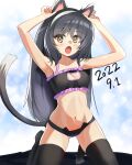  1girl animal_ears armpits black_bra black_hair black_panties black_thighhighs blaze_(artist) blush bra breasts brown_eyes cat_ears cat_lingerie cat_tail cleavage cleavage_cutout clothing_cutout collarbone dated fang girls_und_panzer highres long_hair looking_at_viewer meme_attire navel open_mouth panties reizei_mako shiny shiny_hair shiny_skin small_breasts solo tail thighhighs underwear 