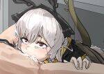 1boy 1girl after_sex animal_ears arknights ass bangs blush crying crying_with_eyes_open cum cum_in_mouth cum_on_ass deepthroat ejaculation eyebrows_hidden_by_hair fellatio grey_hair hetero highres irrumatio long_hair looking_at_another looking_up m-18 no_panties oral overflow rape red_eyes solo_focus spread_legs tail tears uncensored under_table upper_body weedy_(arknights) 