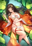  1girl akashic_chronicle bikini breasts brown_hair cleavage closed_mouth flower hair_flower hair_ornament highres japanese_clothes kimono large_breasts long_hair looking_at_viewer lying navel on_back orange_kimono pdxen plant smile solo swimsuit vegetation water wet white_bikini yellow_eyes 