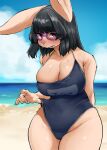  2022 absurd_res anthro beach beauty_mark big_breasts big_ears biped black_hair blush bodily_fluids breasts brown_body brown_fur camel_toe cleavage clothed clothing eyewear female front_view fur glasses hair hand_behind_back hi_res kemono lagomorph long_hair looking_at_viewer mammal markings mole_(marking) outside portrait purple_eyes school_swimsuit seaside sleepiness18 solo standing sweat swimwear thick_thighs three-quarter_portrait 