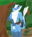  2022 4_fingers abs animal_genitalia animal_penis anthro balls belt belt_pouch blue_body blue_eyes blue_fur blue_penis bottle canid canine canine_penis canis claws day digital_media_(artwork) dragon exhibitionism fingers forest forest_background fur furred_dragon galma galma_(character) genitals hair hi_res holding_object horn humanoid_genitalia humanoid_penis hybrid_genitalia hybrid_penis knot knotted_humanoid_penis male mammal mostly_nude muscular muscular_male nature nature_background nude nude_hiking penile penile_spines penis plant public public_exposure public_nudity scalie signature solo solo_focus text tree water_bottle white_balls white_body white_fur white_hair 