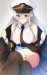  1girl azur_lane bare_shoulders belt black_necktie breasts crossed_legs enterprise_(azur_lane) grey_hair hat highres jacket large_breasts long_hair necktie noukatu off_shoulder peaked_cap shirt sleeveless sleeveless_shirt smile solo thighhighs 