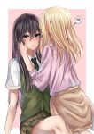  2girls aihara_academy_school_uniform aihara_mei aihara_yuzu black_hair blonde_hair blush brown_skirt citrus_(saburouta) clothes_around_waist dress_shirt ear_blush face-to-face green_eyes green_vest gyaru highres long_hair multiple_girls necktie pink_shirt playing_with_another&#039;s_hair poisonousgas purple_eyes school_uniform shirt skirt step-siblings sweater sweater_around_waist sweater_vest vest wife_and_wife yuri 