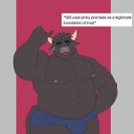  anthro bovid bovine bulge clothed clothing ear_piercing european_mythology eyes_closed greek_mythology hi_res male mammal mckenzie_(artist) minotaur minotaur_hotel musclegut muscular muscular_male mythology piercing raised_finger raised_pinky smile solo storm_(minotaur_hotel) underwear underwear_only 