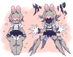  1girl android animal_ears atte_nanakusa closed_mouth colored_skin extra_digits extra_legs facing_viewer gloves grey_skin looking_at_viewer monster_girl original rabbit_ears robot shirt skirt smile solo suspender_skirt suspenders transformation white_gloves white_shirt 