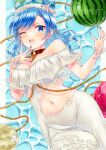  1girl alto2019 bikini blue_bikini blue_eyes blue_hair blush breasts chain earth_(ornament) food fruit hecatia_lapislazuli hecatia_lapislazuli_(earth) highres large_breasts moon_(ornament) navel one_eye_closed open_mouth polos_crown sample_watermark short_hair smile solo swimsuit touhou touhou_lost_word watermark watermelon 