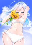  1girl absurdres armpits bikini blue_eyes blue_sky blush cloud commentary_request day dutch_angle eme_(emeralda) flower highres long_hair looking_at_viewer looking_down navel open_mouth original outdoors side-tie_bikini_bottom sky solo swimsuit white_bikini white_hair 
