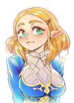  1girl bangs blonde_hair blue_shirt blush braid breasts closed_mouth collared_shirt gofa green_eyes hair_ornament hairclip highres lips looking_at_viewer medium_hair parted_lips pointy_ears princess_zelda shirt signature simple_background smile solo the_legend_of_zelda the_legend_of_zelda:_breath_of_the_wild thick_eyebrows upper_body white_background 