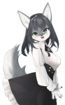  2022 5_fingers absurd_res anthro black_hair blush breasts canid canine canis claws clothed clothing countershading cute_fangs dress female female_anthro finger_claws fingers fur grey_body grey_fur hair hi_res kemono looking_at_viewer mammal multicolored_body multicolored_fur open_mouth open_smile pawpads smile smiling_at_viewer solo two_tone_body two_tone_fur white_body white_fur wolf yenamika 