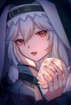  1girl arknights bangs grey_hair habit haiwu_shenlou hand_on_own_cheek hand_on_own_face highres holding holding_lamp lamp lips lipstick long_hair long_sleeves looking_at_viewer makeup nun parted_lips red_eyes solo specter_(arknights) upper_body 