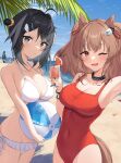  1other 2girls :o ;d absurdres ahoge angelina_(arknights) angelina_(summer_flowers)_(arknights) animal_ears arknights arm_up armpits ball bangs bare_arms bare_shoulders beach beachball bikini black_coat black_eyes black_hair blue_sky blush bracelet breasts brown_hair casual_one-piece_swimsuit cleavage coat collar collarbone covered_navel cowboy_shot cup day doctor_(arknights) drinking_glass feather_hair fox_ears fox_girl fox_tail frilled_bikini frills grapefruit grapefruit_slice hair_between_eyes hair_bun hair_ornament hairclip heart heart-shaped_pupils highres holding holding_ball holding_beachball holding_cup infection_monitor_(arknights) jewelry la_pluma_(arknights) la_pluma_(summer_flowers)_(arknights) large_breasts long_hair looking_at_viewer multiple_girls ocean official_alternate_costume one-piece_swimsuit one_eye_closed open_mouth outdoors parted_lips red_eyes red_one-piece_swimsuit short_hair sidelocks single_hair_bun single_side_bun sky smile swimsuit symbol-shaped_pupils tail tail_through_clothes twintails white_bikini wing_hair_ornament xooku 