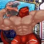  big_muscles cryingfatcat fatal_fury garou:_mark_of_the_wolves hi_res king_of_dinosaurs king_of_fighters looking_at_viewer male muscular nipples scalie solo tizoc 