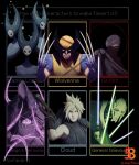  4boys 4others android armor berserk black_border blonde_hair bloodborne blue_eyes blue_gloves border brown_gloves character_name clenched_teeth closed_mouth cloud_strife count_dooku dagger energy_sword english_text facial_hair femto_(berserk) final_fantasy final_fantasy_vii gloves griffith_(berserk) hand_up helmet highres holding holding_dagger holding_lightsaber holding_weapon hollow_eyes hollow_knight hood hood_up horns knife lightsaber lipstick looking_at_viewer makeup male_focus mantis_lord_(hollow_knight) marvel mask max58art mergo&#039;s_wet_nurse multiple_boys multiple_others no_humans pauldrons purple_theme red_eyes shoulder_armor single_pauldron six_fanarts_challenge solo spiked_hair spiked_horns star_wars stubble sword teeth upper_body weapon wings wolverine x-men 