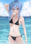  1girl arm_behind_head arm_up bare_shoulders bikini black_bikini blue_eyes blue_sky bracelet cloud collarbone cowboy_shot flat_chest highres hololive hoshimachi_suisei jewelry navel ocean otsu_hai18 side-tie_bikini_bottom side_ponytail sidelocks sky solo star_(symbol) star_in_eye stomach swimsuit symbol_in_eye virtual_youtuber water wavy_hair wet 