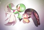  2girls arm_up arms_up bangs black_hair black_skin blunt_bangs blurry bob_cut closed_mouth colored_skin commentary_request depth_of_field enden_(pixiv_57969220) extra_mouth flat_chest full_body gardevoir gradient gradient_background green_hair green_skin hair_over_one_eye happy highres light_particles looking_at_viewer mawile multicolored_skin multiple_girls one_eye_covered open_mouth outstretched_arm pokemon pokemon_(creature) reaching_out red_eyes sharp_teeth short_hair simple_background smile teeth two-tone_skin white_background white_skin yellow_skin 