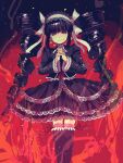  1girl bangs black_hair black_jacket black_nails black_skirt black_thighhighs blush bonnet celestia_ludenberg danganronpa:_trigger_happy_havoc danganronpa_(series) drill_hair feet_out_of_frame fire frilled_jacket frills highres jacket lace-trimmed_skirt lace_trim layered_skirt long_hair looking_at_viewer nail_polish necktie nokita_(nokitaaaaaa) open_clothes open_jacket own_hands_clasped own_hands_together red_eyes red_necktie shiny shiny_hair skirt solo sweat thighhighs twin_drills very_long_hair 