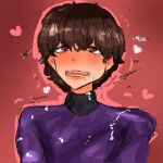  &lt;3 &lt;3_eyes blush blush_lines bodily_fluids brown_eyes brown_hair clothing cum cum_on_face genital_fluids hair human looking_pleasured male male/male mammal moan not_furry purple_clothing purpleassault red_background simple_background solo tears tears_of_pleasure text unknown_artist wet 