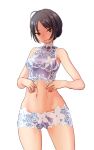  1girl bikini bikini_under_clothes black_hair brown_eyes crop_top fujisawa_takashi midriff navel original see-through short_hair short_shorts shorts sleeveless solo swimsuit white_background 