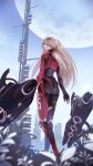 1girl ass black_gloves blonde_hair bodysuit closed_mouth eyepatch from_behind full_moon gloves hair_ornament hairclip highres kaoming long_hair moon nemesis_(tower_of_fantasy) red_bodysuit red_eyes solo tower tower_of_fantasy very_long_hair walking 