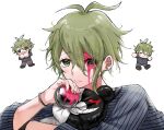  1boy :d amami_rantarou antenna_hair ball bangs blood blood_on_face bracelet chibi danganronpa_(series) danganronpa_v3:_killing_harmony earrings gorila_chan green_eyes green_hair grey_background holding holding_ball jewelry male_focus messy_hair monokuma multiple_views necklace open_mouth pink_blood portrait shiny shiny_hair shirt simple_background smile striped striped_shirt 