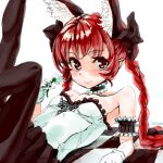  1girl alternate_costume animal_ears bare_shoulders bow braid cat_ears extra_ears feet_out_of_frame gloves kaenbyou_rin legs_up long_hair looking_at_viewer multiple_tails pointy_ears polpol red_eyes red_hair sketch smile tail touhou twin_braids 