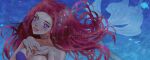  1girl :d ariel_(disney) blue_eyes bra breasts bubble cleavage disney eyeshadow fins fish hands_on_own_breasts hands_on_own_chest happy highres large_breasts long_hair makeup mermaid monster_girl okitafuji open_mouth pink_eyeshadow princess red_hair seashell shell shell_bikini signature smile solo sparkle tail the_little_mermaid underwater underwear water 