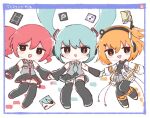  3girls a.i._voice adachi_rei aqua_footwear aqua_necktie aqua_trim bare_shoulders belt black_skirt black_sleeves black_sweater black_thighhighs blush_stickers chibi chibi_only collared_shirt culottes detached_sleeves drill_hair grey_shirt hatsune_miku headlamp headphones holding_hands icon_(computing) jacket kasane_teto microsoft_windows multiple_girls necktie one_side_up open_clothes open_jacket open_mouth orange_eyes orange_hair orange_trim piapro pleated_skirt radio_antenna red_belt red_footwear red_hair red_trim shirt skirt smile sweater thighhighs turtleneck turtleneck_sweater twin_drills twintails uta_neri utau vocaloid white_footwear white_jacket window_(computing) windows_xp 