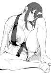  1girl bar_censor blush breasts censored female_pubic_hair fundoshi fundoshi_pull greyscale head_tilt horns huge_breasts japanese_clothes long_hair looking_at_viewer monochrome nipples obmas oni_horns original pubic_hair simple_background single_horn sitting solo white_background 