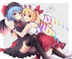  2girls :d adapted_costume bare_shoulders bat_wings black_dress black_headwear black_thighhighs blonde_hair blue_hair blush bow closed_mouth collared_shirt commentary_request crystal dress fang feet_out_of_frame flandre_scarlet from_behind hat hat_bow hat_ribbon heart holding_hands interlocked_fingers leaning_on_person long_hair looking_at_viewer looking_back medium_hair mob_cap multiple_girls one_side_up open_mouth red_bow red_eyes red_ribbon red_skirt remilia_scarlet ribbon ruhika shirt siblings sisters sitting skirt sleeveless sleeveless_shirt smile sparkle spoken_heart thighhighs touhou white_headwear white_shirt white_thighhighs wings wrist_cuffs 