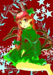  1girl :d animal_ears bow braid cat_ears cat_tail dress hair_bow highres kaenbyou_rin looking_at_viewer multiple_tails nekomata pointy_ears polpol red_background red_eyes red_hair smile solo star_(symbol) tail touhou twin_braids 