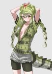  1girl absurdres arms_behind_head arms_up bare_arms bike_shorts bike_shorts_under_shorts black-framed_eyewear bow braid breasts center_opening collarbone commentary cowboy_shot crocodilian_tail cutoffs glasses green_eyes green_hair grey_background grey_shorts hair_bow highres kemono_friends light_smile long_hair looking_at_viewer medium_breasts multicolored_hair no_bra over-rim_eyewear red_bow semi-rimless_eyewear short_sleeves shorts simple_background slit_pupils solo spectacled_caiman_(kemono_friends) spiked_tail split_mouth spotted_hair tail tanabe_(fueisei) twin_braids 