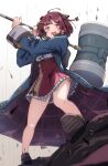  1girl :d atelier_(series) atelier_sophie_2 boots flower hair_flower hair_ornament hammer highres holding holding_hammer leather leather_boots long_coat looking_at_viewer red_hair red_skirt short_hair skirt smile sophie_neuenmuller yanu 