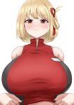  1girl absurdres blonde_hair blush breasts closed_mouth from_below hair_ribbon highres huge_breasts looking_at_viewer lycoris_recoil nishikigi_chisato one_side_up orange_eyes red_ribbon ribbon short_hair sleeveless smile smug solo sportswear tereshimax track_and_field upper_body 