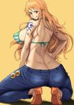  1girl back bnc_(bunshi) breasts brown_eyes denim highres large_breasts long_hair looking_at_viewer looking_back nami_(one_piece) one_piece orange_hair sandals sideboob simple_background solo tattoo tongue tongue_out very_long_hair yellow_background 