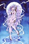  1girl absurdly_long_hair absurdres arm_up ayanami_rei blue_background bodysuit breasts full_body hand_in_own_hair hand_on_own_cheek hand_on_own_face highres long_hair long_sleeves neon_genesis_evangelion painting_(medium) plugsuit purple_hair red_eyes small_breasts solo tpamjdsta_(usatokurasu) traditional_media very_long_hair watercolor_(medium) white_bodysuit 