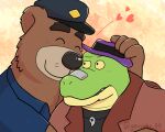  &lt;3 2022 4_fingers alligator alligatorid anthro black_nose blush brok_(character) brok_the_investigator brown_body clothing crocodilian duo embrace eyes_closed fingers gensuke green_body hat headgear headwear hug humanoid_hands kemono male mammal r.j._(brok_the_investigator) reptile scalie shirt topwear ursid video_games 