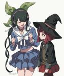  2girls :d arms_at_sides bangs black_hair black_headwear black_jacket breasts brown_pantyhose chabashira_tenko clenched_hands cowboy_shot danganronpa_(series) danganronpa_v3:_killing_harmony from_side hair_ornament hair_ribbon hairband hairclip hands_up hat hosodayo jacket large_breasts layered_skirt long_hair long_sleeves looking_at_another midriff miniskirt mole mole_under_mouth multiple_girls navel open_mouth pantyhose pleated_skirt red_eyes red_hair red_skirt ribbon school_uniform serafuku shirt short_hair skirt smile stomach teeth twintails upper_teeth witch_hat yumeno_himiko 