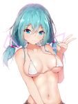 1girl alternate_costume alternate_hair_length alternate_hairstyle aqua_eyes aqua_hair areola_slip bangs bare_arms bare_shoulders bikini blush breasts breasts_apart closed_mouth commentary_request hair_between_eyes halkawa501 halterneck hand_up hatsune_miku highres looking_at_viewer medium_breasts medium_hair navel shiny shiny_skin short_twintails sidelocks simple_background smile solo stomach string_bikini swimsuit twintails upper_body v vocaloid white_background white_bikini 