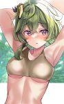  1girl :o absurdres armpits arms_up bare_arms bare_shoulders blush breasts collei_(genshin_impact) commentary_request crop_top genshin_impact green_hair hair_ornament highres looking_at_viewer medium_breasts medium_hair open_mouth purple_eyes raised_eyebrows shiitake_taishi solo tank_top underboob upper_body 