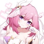  bangs bare_shoulders breasts cleavage closed_mouth elysia_(honkai_impact) gloves hair_ornament hair_ribbon highres honkai_(series) honkai_impact_3rd looking_at_viewer medium_breasts medium_hair pink_hair poinia purple_eyes ribbon solo upper_body white_gloves white_ribbon 