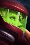  1girl armor close-up from_side green_theme helmet highres max58art metroid nose profile rain samus_aran solo wet 