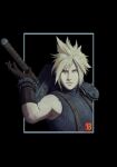  1boy armor black_border blonde_hair blue_eyes border brown_gloves closed_mouth cloud_strife final_fantasy final_fantasy_vii gloves hand_up highres male_focus max58art pauldrons shoulder_armor single_pauldron solo spiked_hair sword weapon 