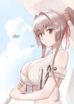  1girl aircraft airplane bikini breasts brown_eyes brown_hair cleavage closed_mouth day flower hair_between_eyes hair_flower hair_ornament highres holding holding_umbrella kantai_collection large_breasts long_hair pink_flower porupurucha sketch solo swimsuit umbrella upper_body very_long_hair white_bikini yamato_(kancolle) 